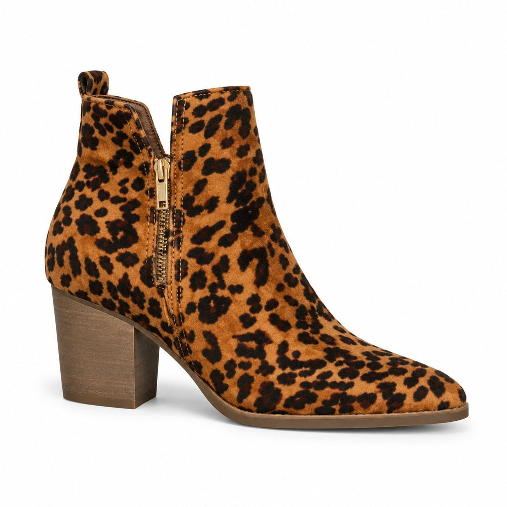 Animal Print Zipper Heel Bootie Shoes — single shoe facing right on white background