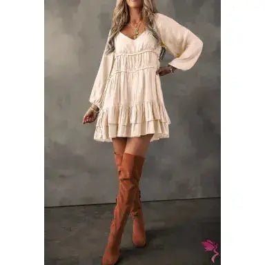 Apricot Tiered Ruffled Puff Sleeve Loose Fit Mini Dress - LECCE