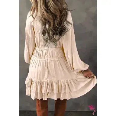 Apricot Tiered Ruffled Puff Sleeve Loose Fit Mini Dress - LECCE