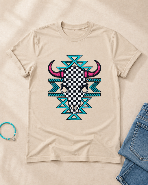 Aztec Checkered Skull Tee flat lay