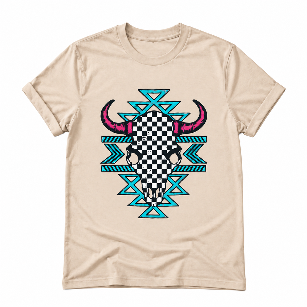 Aztec Checkered Skull Graphic Tee enlarged on white background