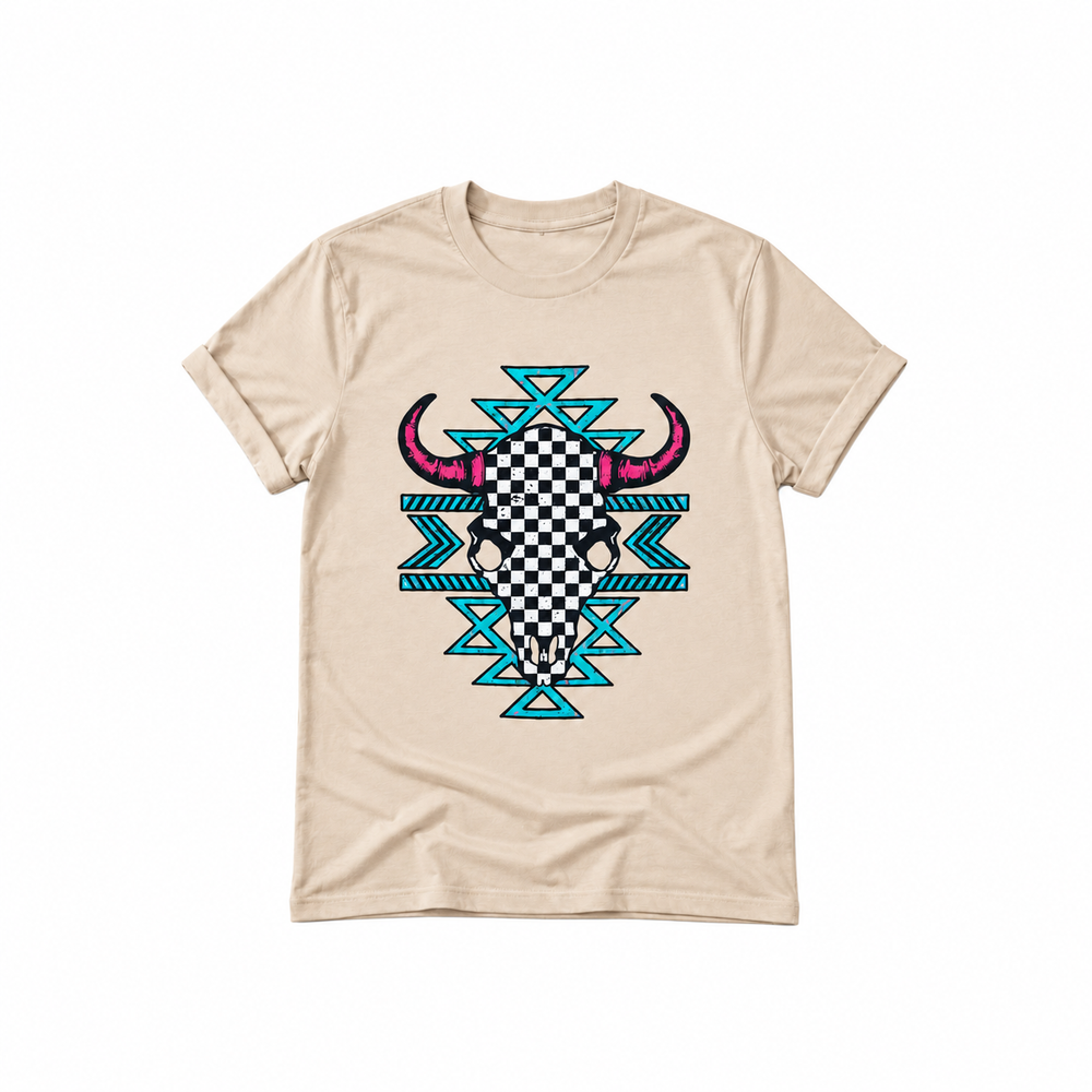 Aztec Checkered Skull Graphic Tee centered smaller on pure white background