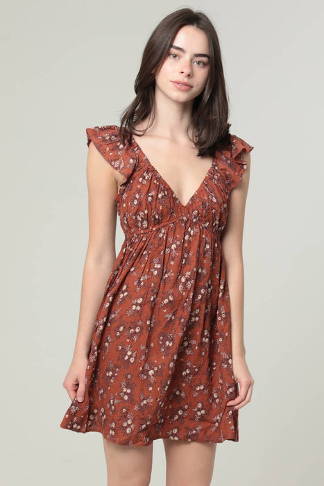 V NECK FLUTTER SLEEVE EMPIRE WAIST DITSY PRINT DR