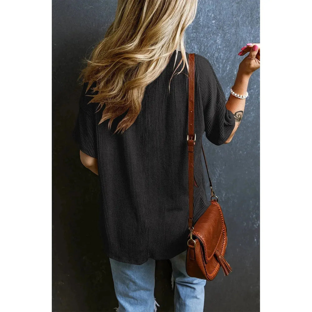 Black Corded V Neck Chest Pocket Loose T-shirt Dear lover