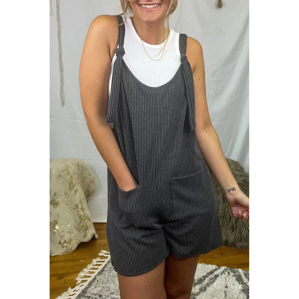 Dark Grey Striped Print Knotted Straps Pocketed Romper Dear lover