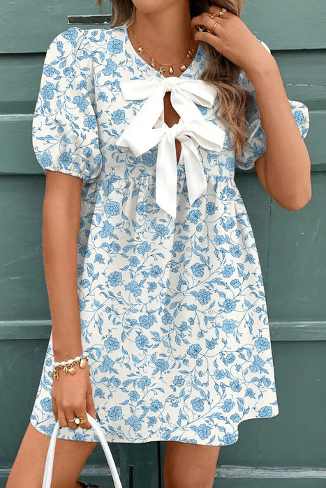 Sky Blue Floral Bow Puff Sleeve Mini Dress
