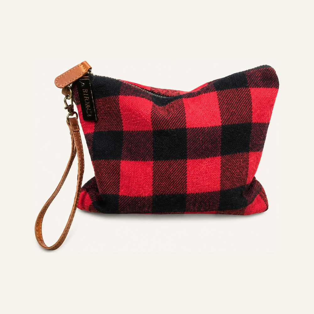 BUFFALO PLAID MAKE UP BAG RED on soft white background