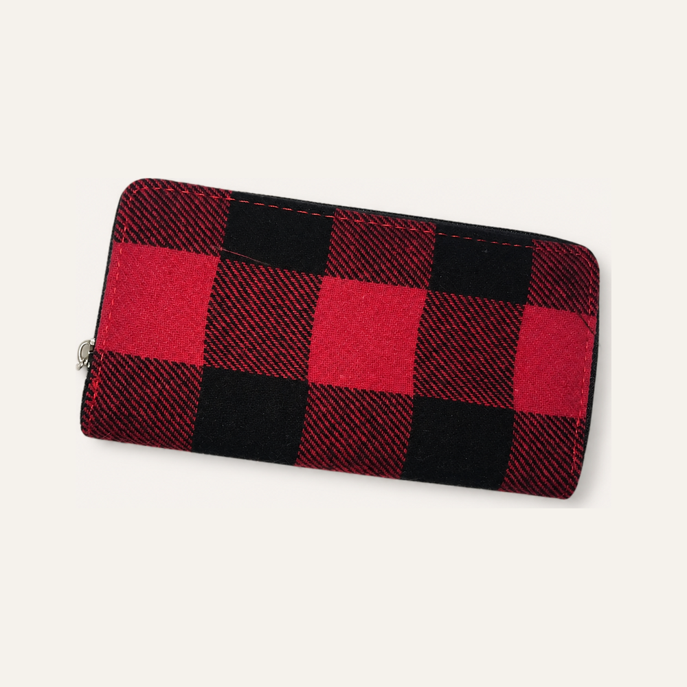 BUFFALO PLAID WALLET RED on soft white background