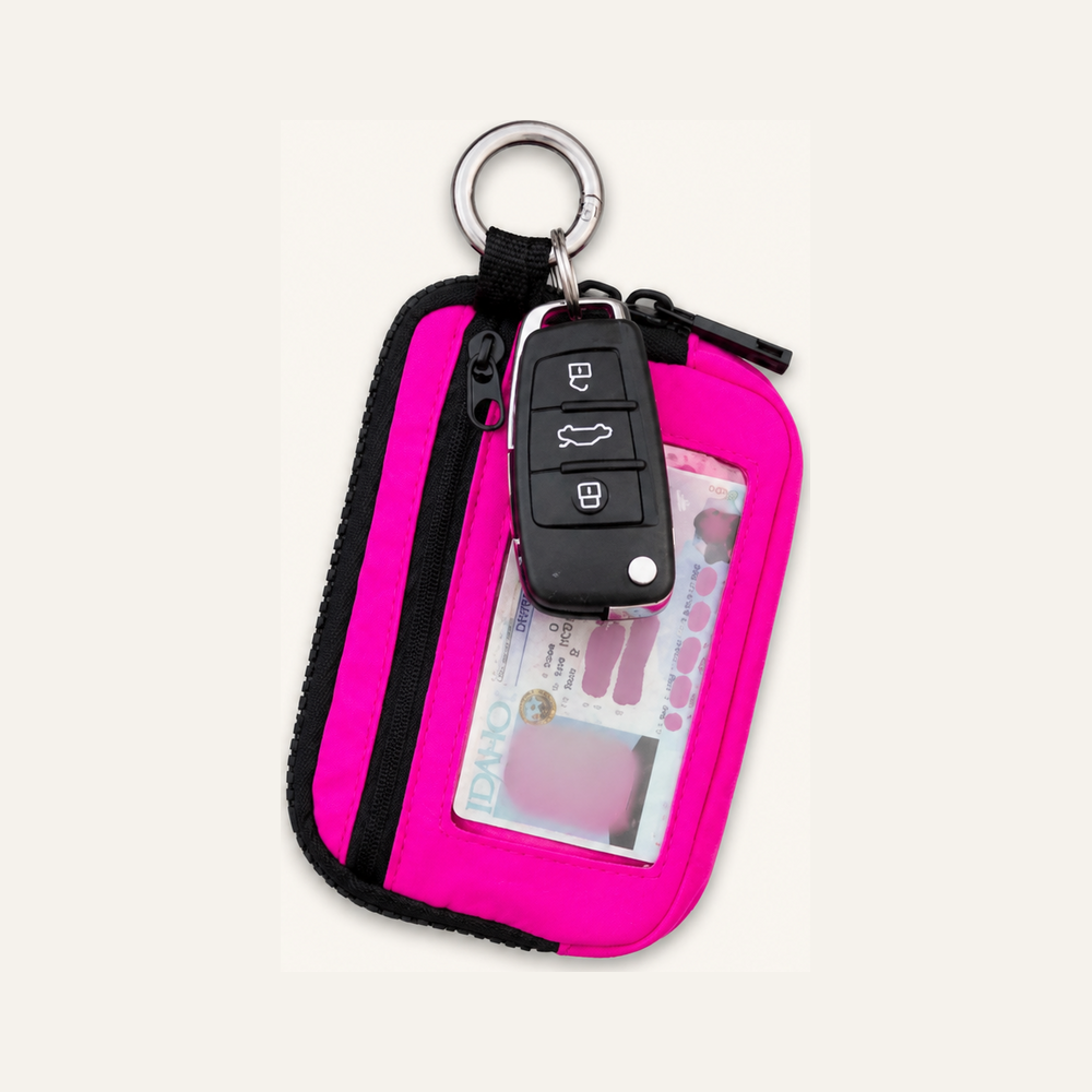 Journey Clippable ID Wallet Pouch - Compact Travel Organizer with Keychain Clip on soft white background