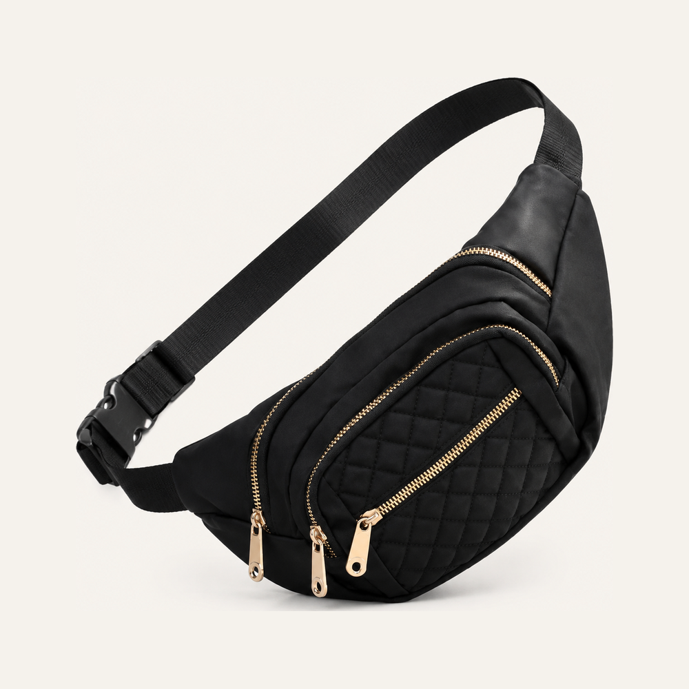 Quilted Sling Belt Bum Bag on soft white background