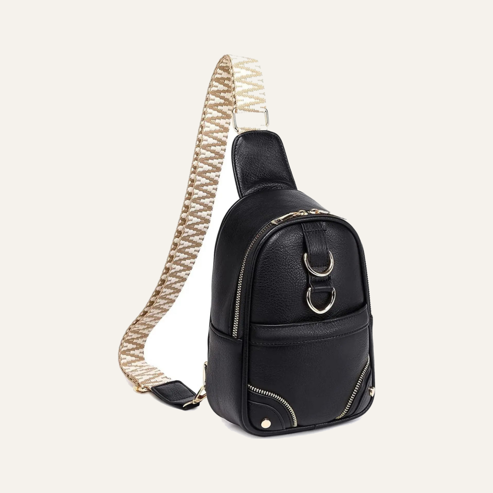 Gold Ring Zipper Sling Fanny Travel Crossbody Bag on soft white background