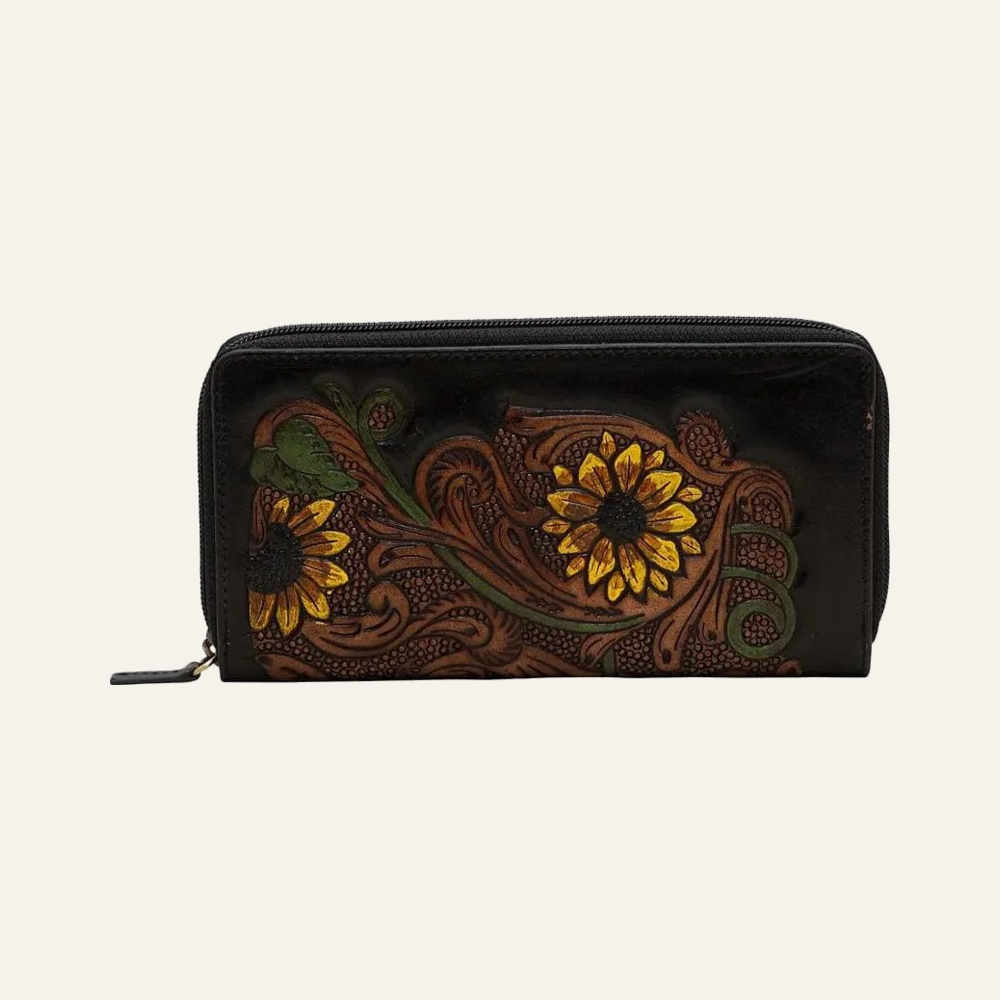 Myra Brown Carva Wallet on soft white background