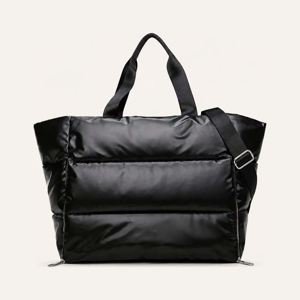 Puffy Quilted Waterproof Travel Sports Tote Bag on soft white background