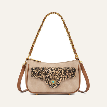 Montana West Tooled Floral Turquoise Chain Shoulder Crossbody Bag - Tan