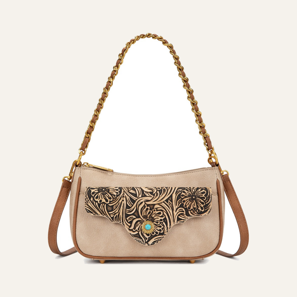 Montana West Tooled Floral Turquoise Chain Shoulder Crossbody Bag - Tan