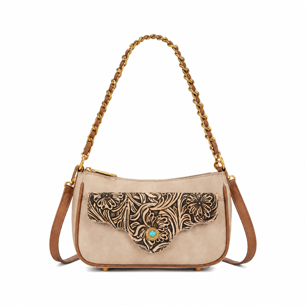 Montana West Tooled Floral Turquoise Chain Shoulder Crossbody Bag - Tan