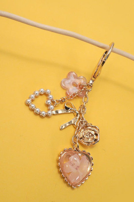 Bag Charm - Pressed Flower Bow Pearl Heart Charms - LECCE