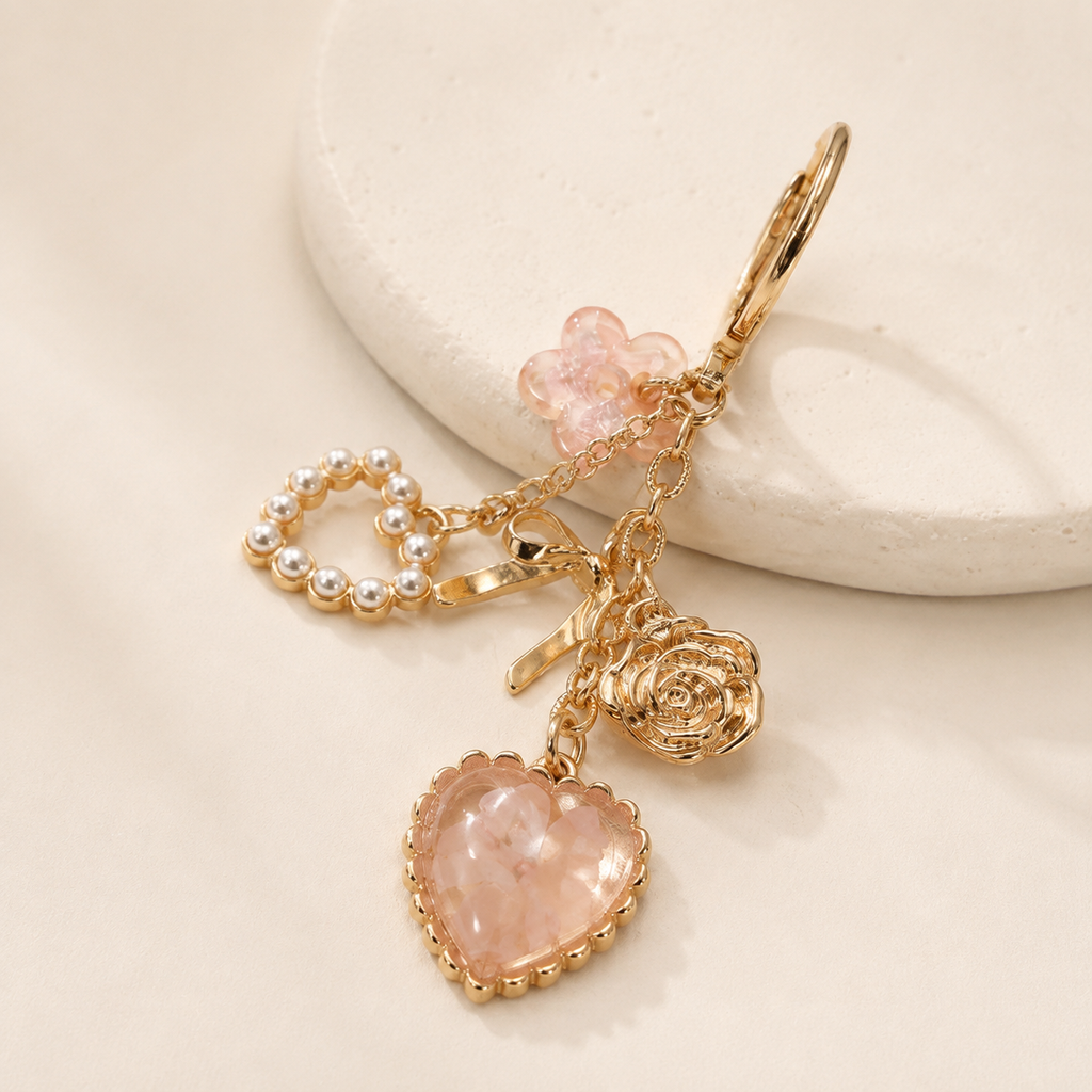 Bag Charm- Pressed Flower Bow Pearl Heart Charms