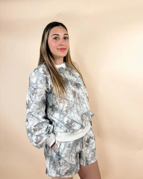 Baggy Camo Print Pullover & Drawstring Shorts Set - LECCE
