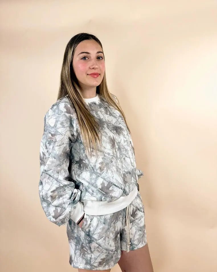 Baggy Camo Print Pullover & Drawstring Shorts Set - LECCE