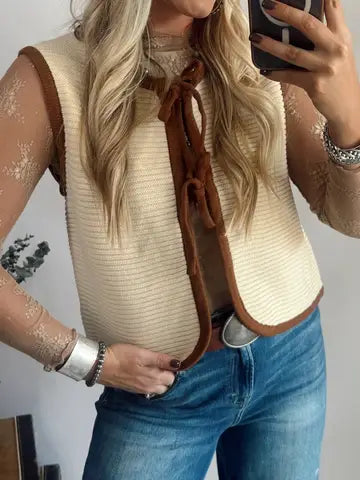 White Horizontal Ribbed Knit Contrast Trim Ties Front Sweater Vest