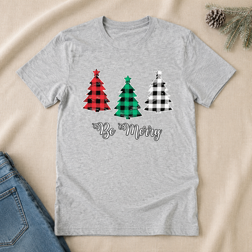 Be Merry Plaid Christmas Trees T-shirt flat lay