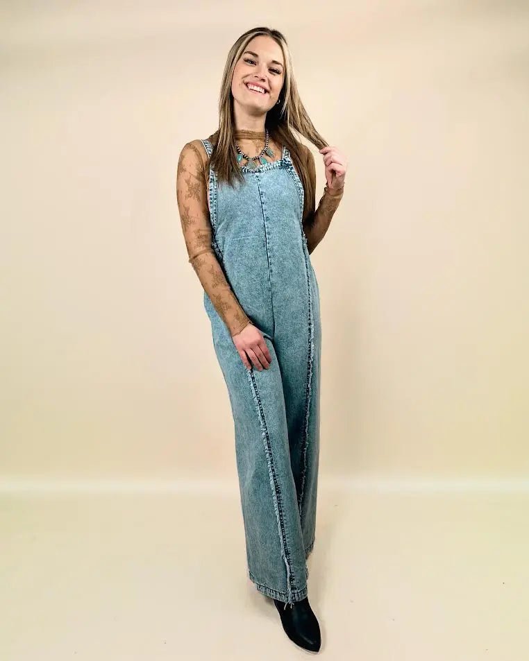 Beau Blue Light Wash Frayed Exposed Seam Wide Leg Denim Overall