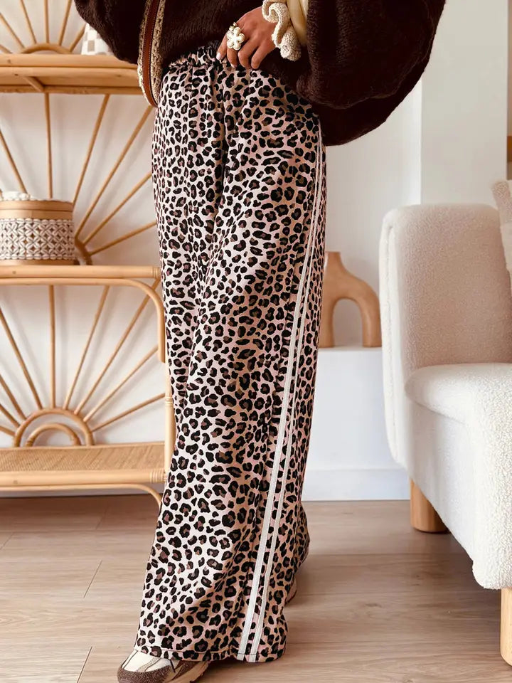 Beige Leopard Print Side Striped Detail Casual Wide Leg Pants