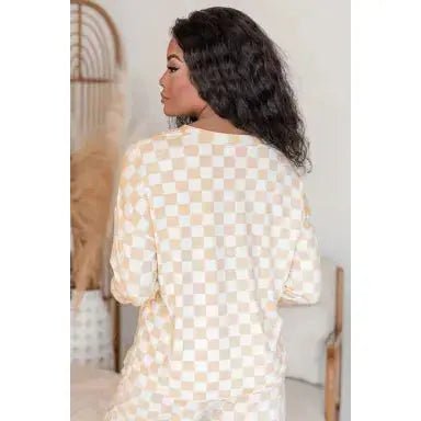 Beige Checkered Long Sleeve Top & Pants Lounge Set - LECCE