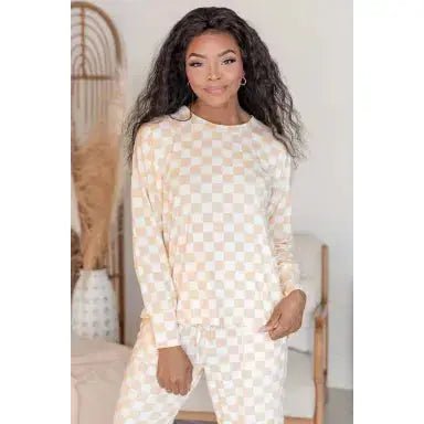 Beige Checkered Long Sleeve Top & Pants Lounge Set - LECCE