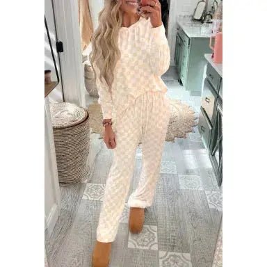 Beige Checkered Long Sleeve Top & Pants Lounge Set - LECCE