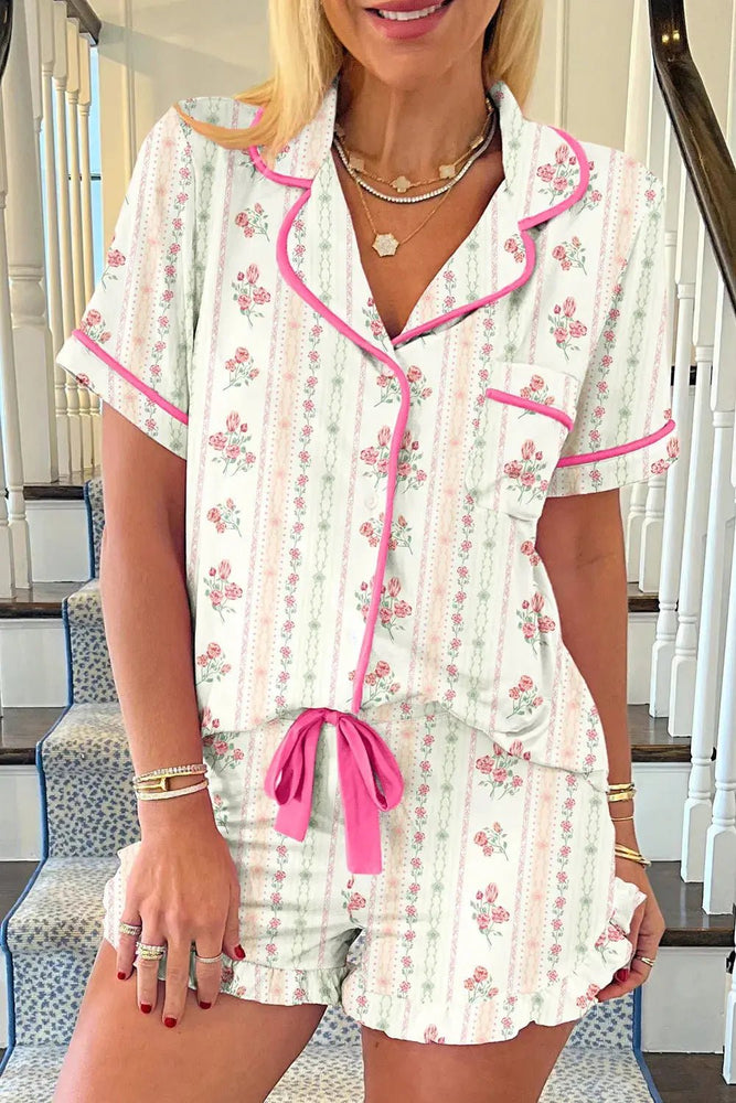 Beige Floral Print Contrast Pipping Short Pajamas Set - LECCE