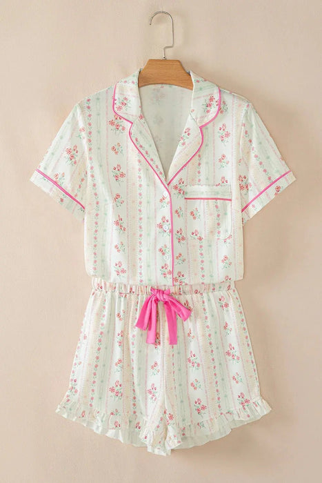 Beige Floral Print Contrast Pipping Short Pajamas Set - LECCE