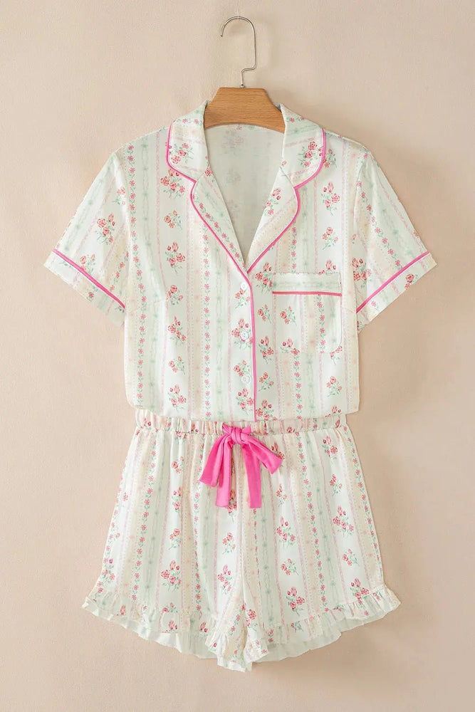 Beige Floral Print Contrast Pipping Short Pajamas Set - LECCE