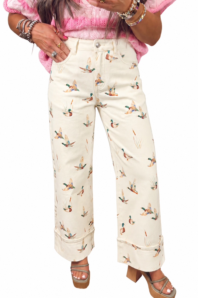 Beige Mallard Print Cuffed Hem Jeans on white background