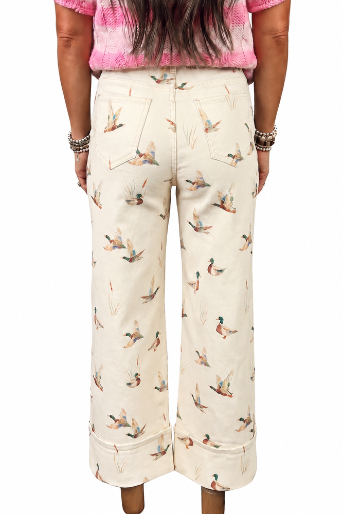 Beige Mallard Print Cuffed Hem Jeans — view 2 on white background