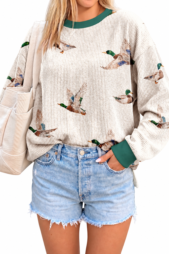 Beige Twisted Ribbed Duck Print Crewneck Casual Pullover Top on white background
