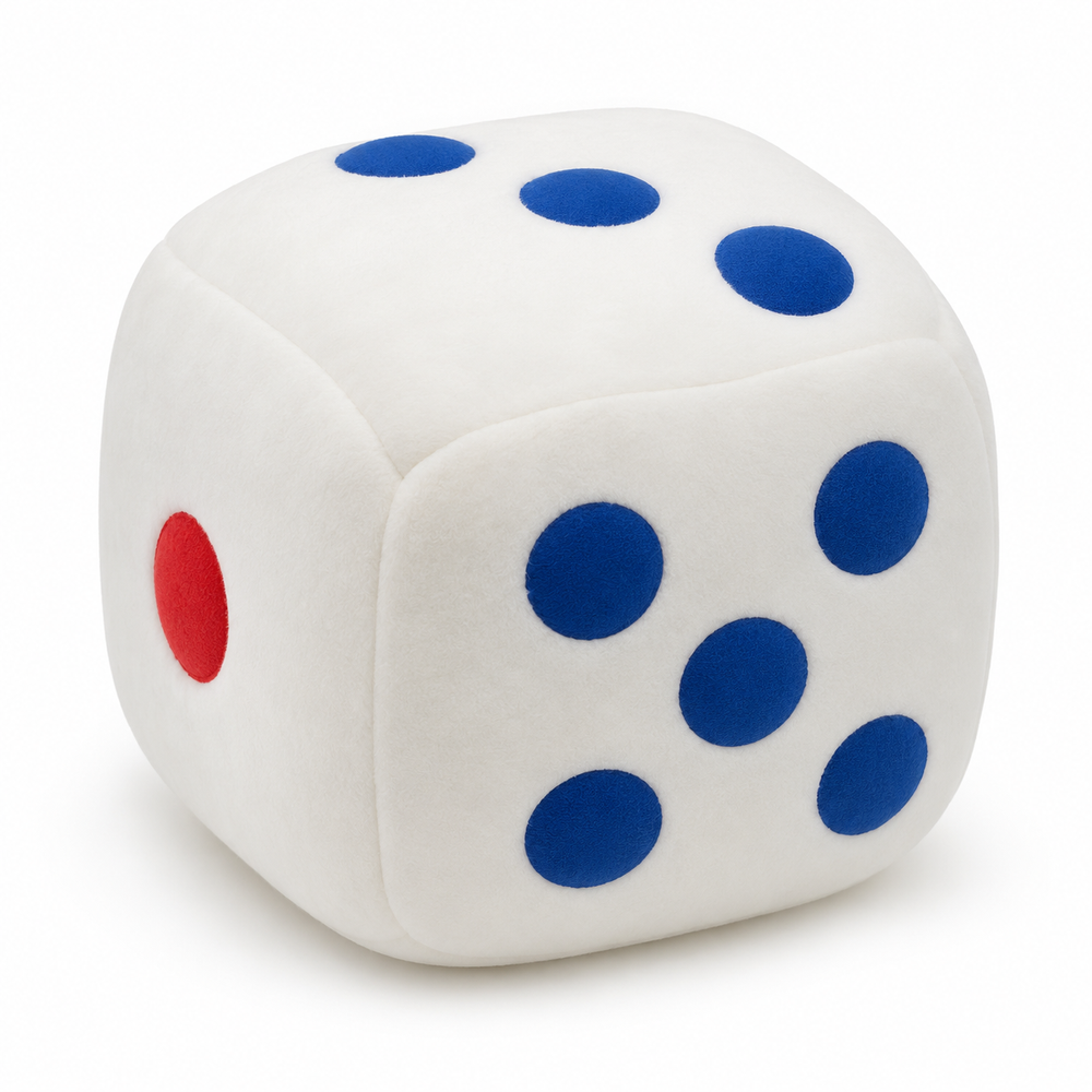 Large white sensory dice toy with blue and red pips