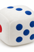 Large white sensory dice toy with blue and red pips