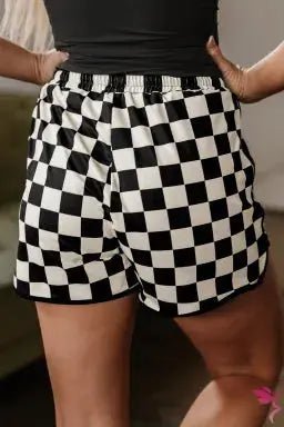 Black Checkered Drawstring Elastic Waist Casual Shorts - LECCE