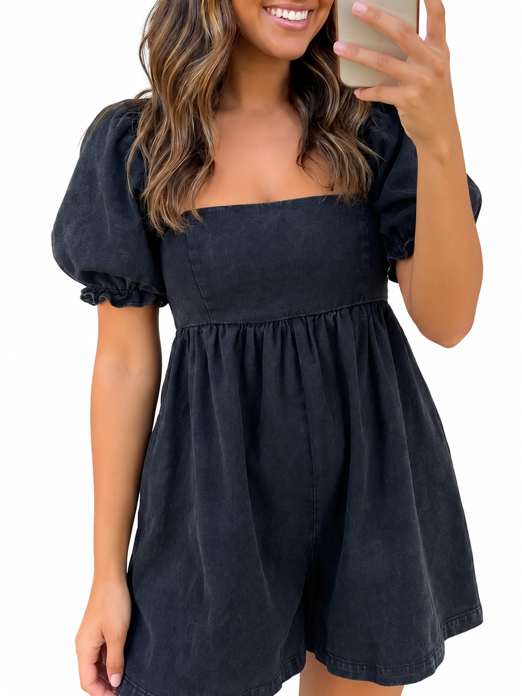 Black Denim Square Neck Smocked Short Puff Sleeve Flared Romper