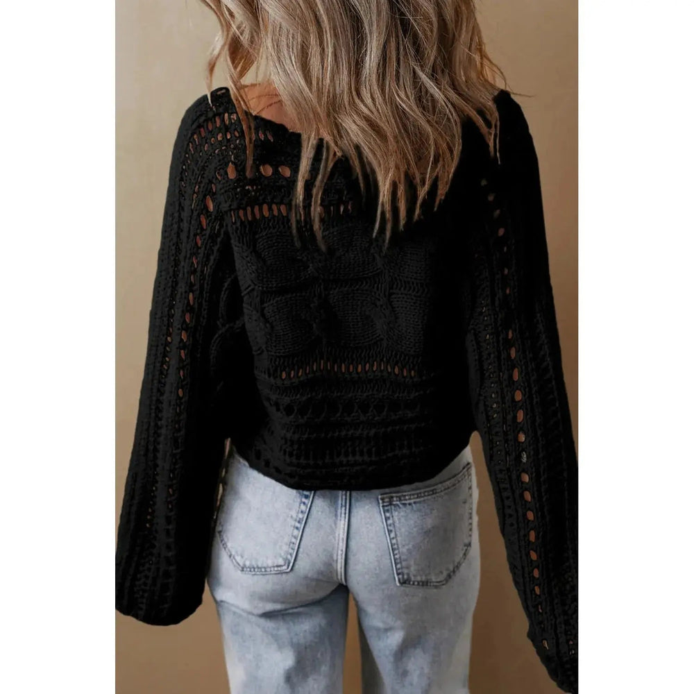 Black Hollow - out Cable Knit Cropped Sweater - LECCE