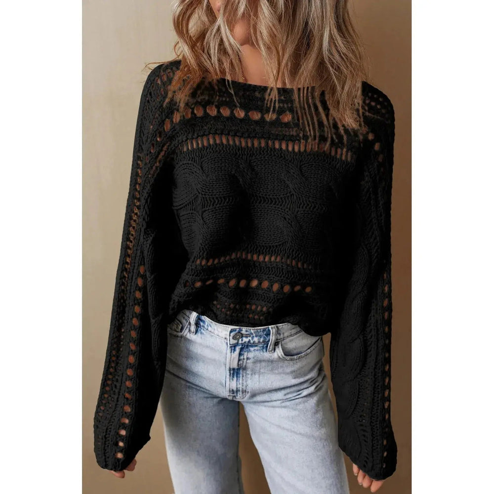 Black Hollow - out Cable Knit Cropped Sweater - LECCE