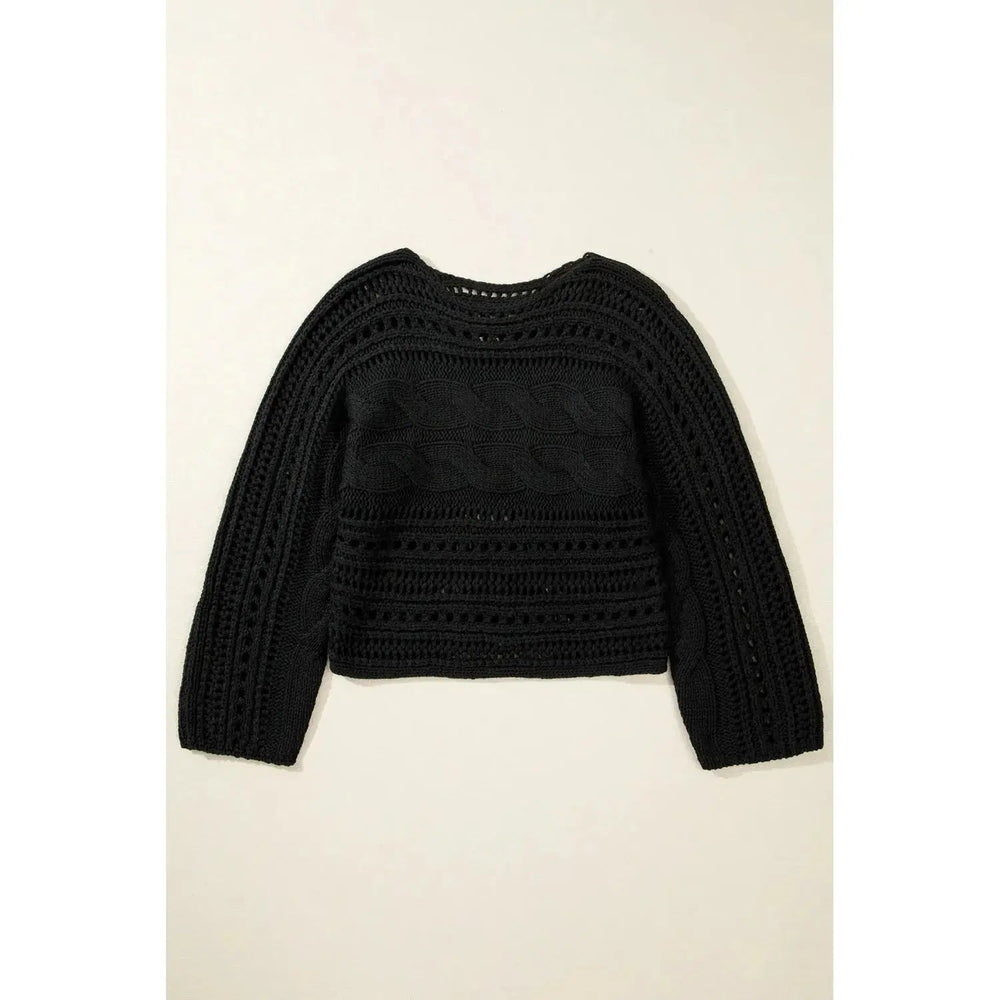 Black Hollow - out Cable Knit Cropped Sweater - LECCE