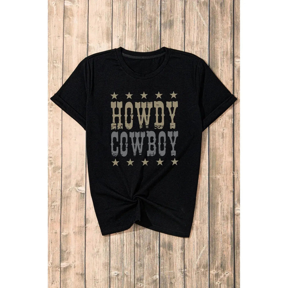 Black HOWDY COWBOY Star Print Crew Neck Loose T Shirt - LECCE