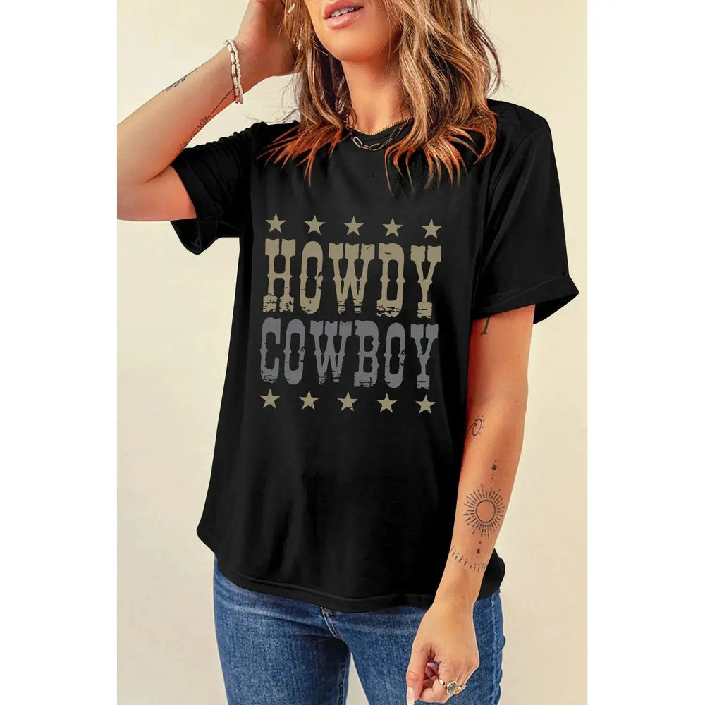 Black HOWDY COWBOY Star Print Crew Neck Loose T Shirt - LECCE