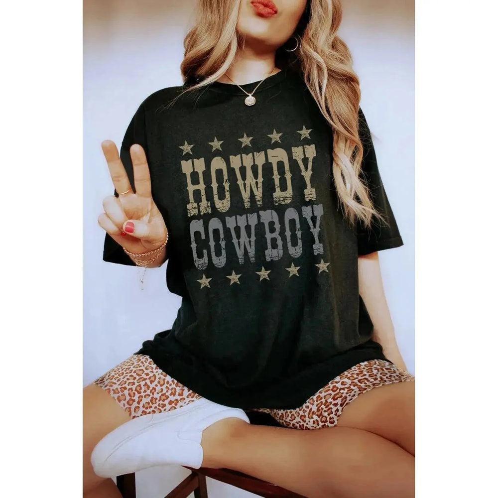 Black HOWDY COWBOY Star Print Crew Neck Loose T Shirt - LECCE