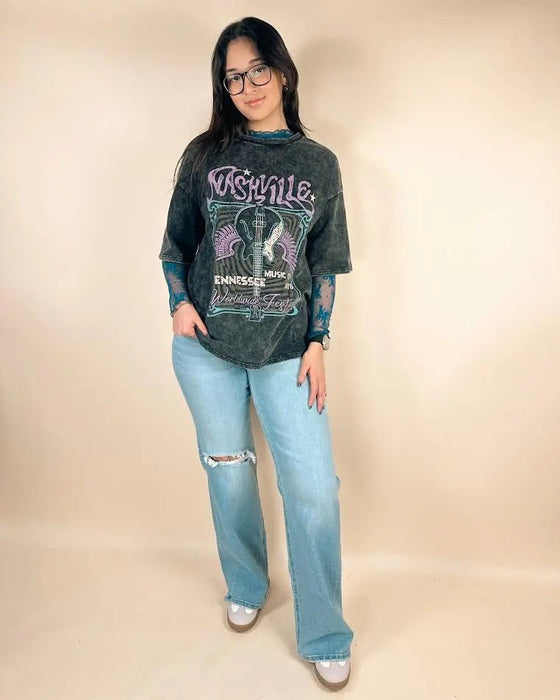 Black Nashville Tennessee Graphic Vintage Tee - LECCE