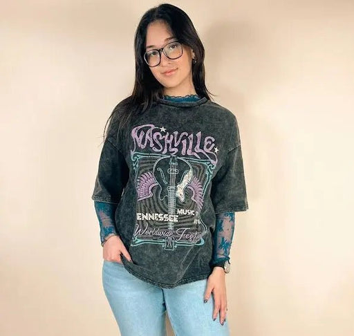Black Nashville Tennessee Graphic Vintage Tee - LECCE