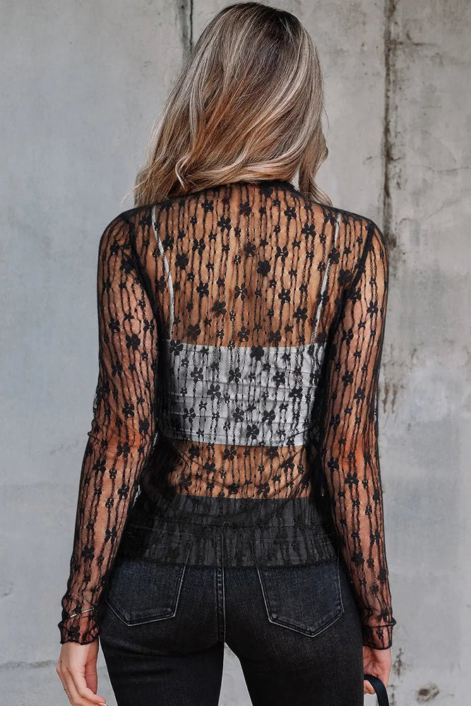 Black Sheer Floral Lace Long Sleeve Top - LECCE